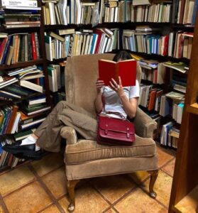 Mulher de pele clara, sentada em uma poltrona, lendo um livro