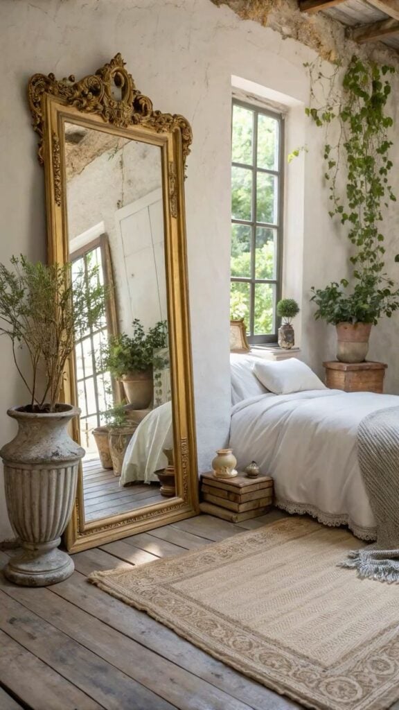 Quarto em tons neutros com piso de madeira e grande espelho provençal dourado