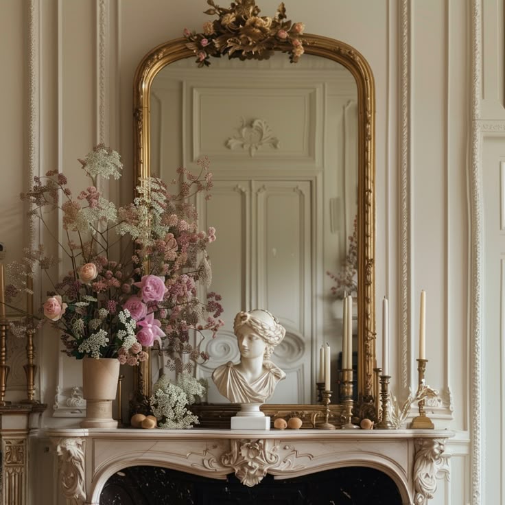 Espelho provençal dourado em cima de bancada ornamentada, com castiçais e vaso de flores