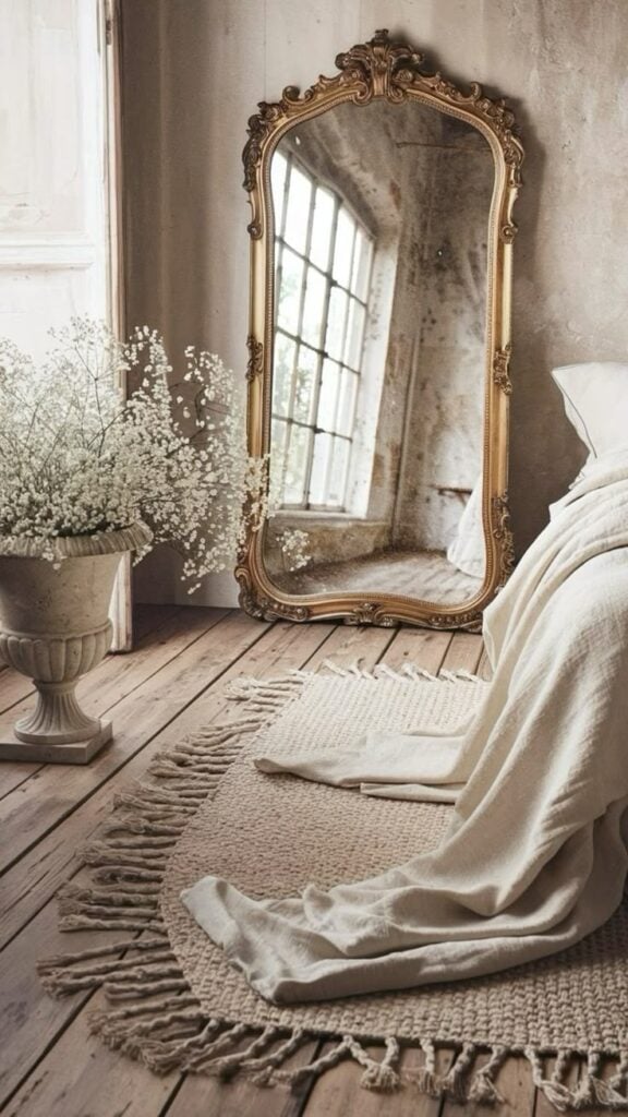 Quarto em tons claros, com tapete de franjas, vaso com flores brancas e espelho provençal dourado