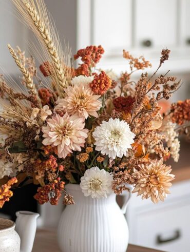 Vaso branco com alça e flores secas de tons variados
