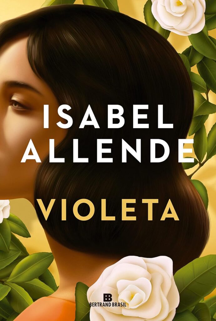 Capa de livro com uma mulher jovem e flores brancas