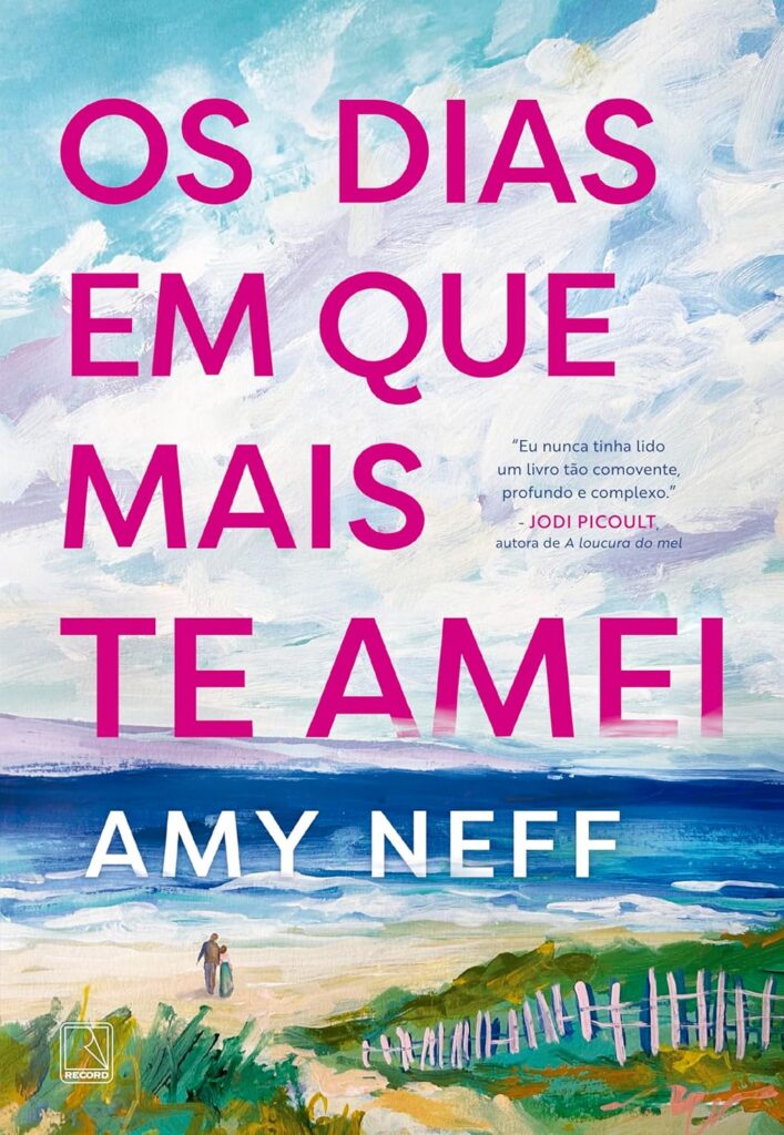 Capa de livro com uma imagem de praia e um casal caminhando