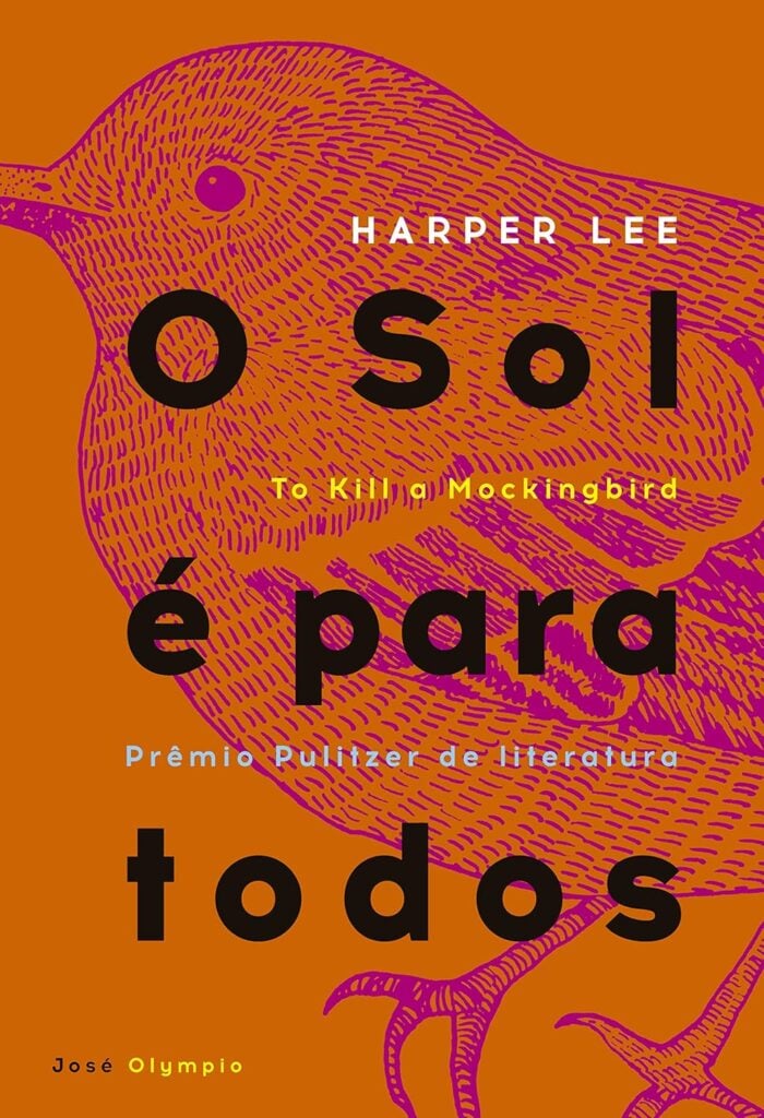 Capa de livro laranja e um pássaro desenhado em rosa