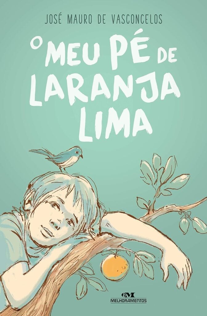 Capa de livro com fundo azul e menino debruçado sobre um galho de árvore