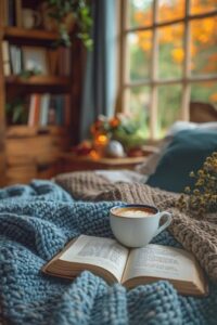 Livro e café em cima de uma manta de lã azul