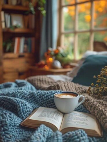 Livro e café em cima de uma manta de lã azul