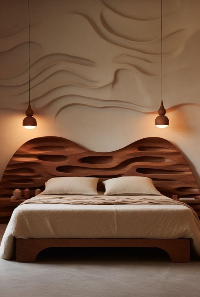 Quarto de casal com cabeceira e detalhes na parede em relevo e curvos