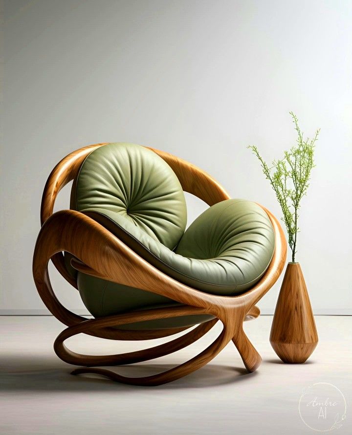 Poltrona de madeira com design diferenciado e assento em verde