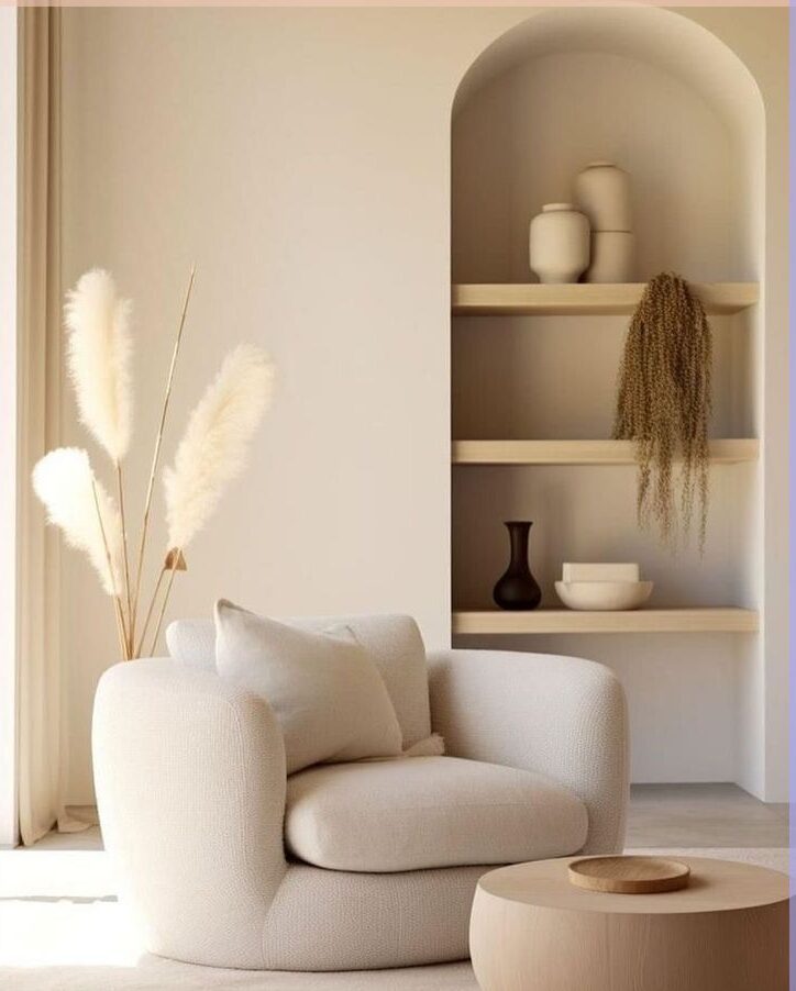 Poltrona em cor off-white com design orgânico e prateleiras na parede