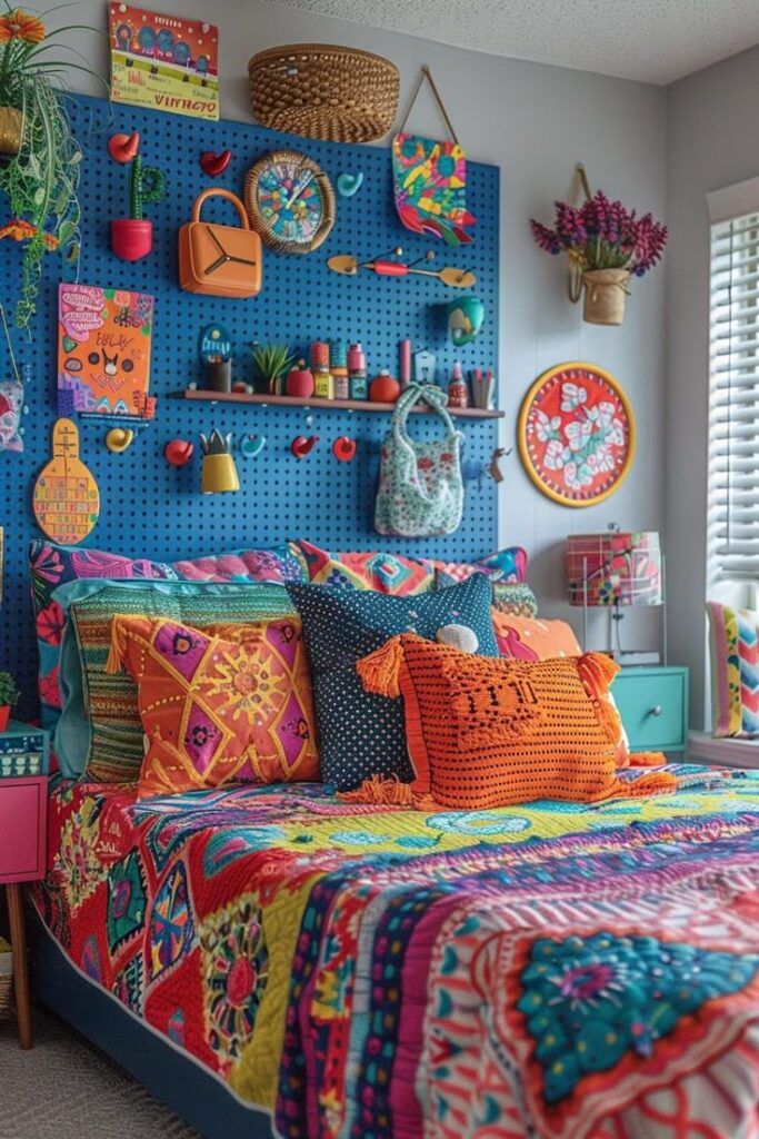 Quarto sem cabeceira, com almofadas e roupa de cama coloridas e espécie de prateleira no lugar da cabeceira