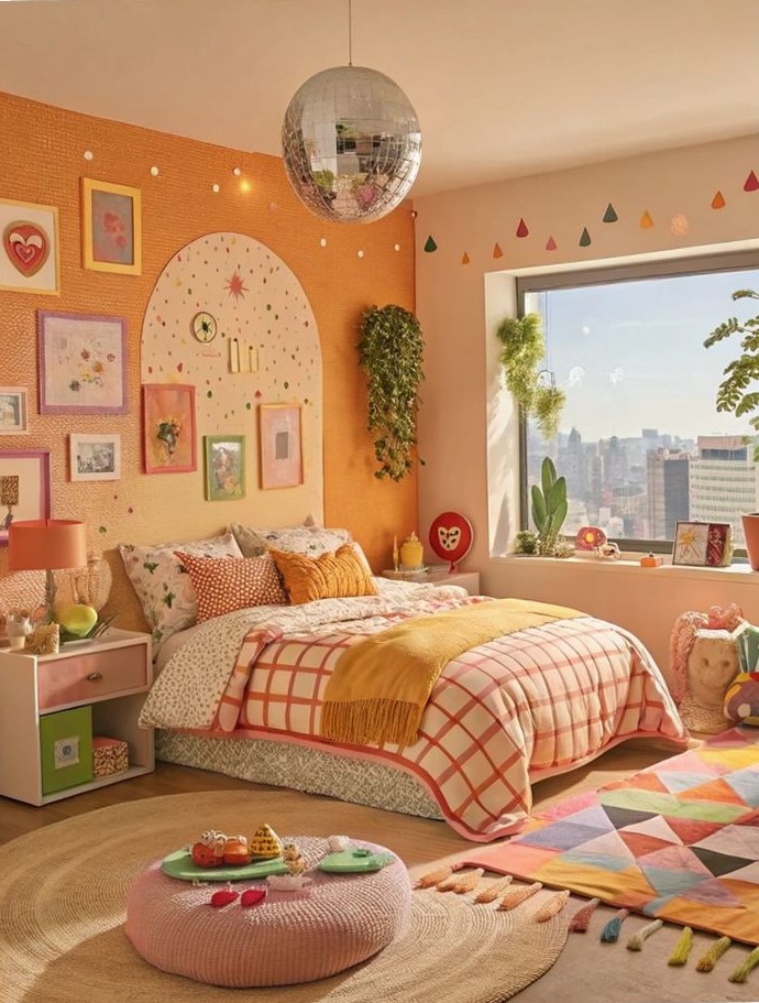 Quarto com parede alaranjada atrás da cama, quadros e pinturas, tapete colorido geométrico e ampla janela