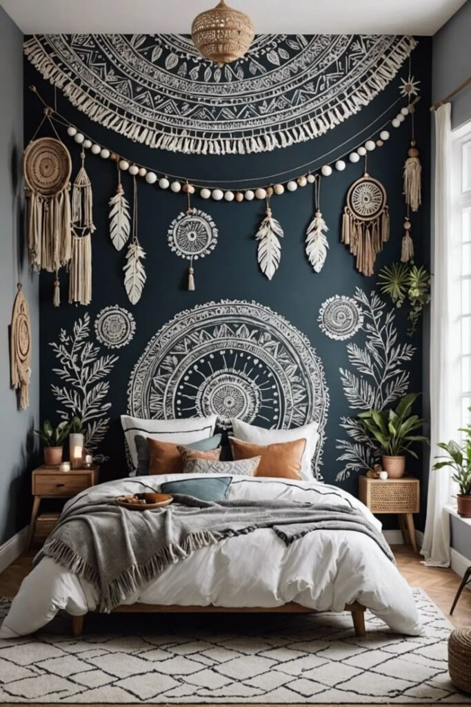 Quarto com parede atrás da cama em tom de azul escuro e desenhos em branco