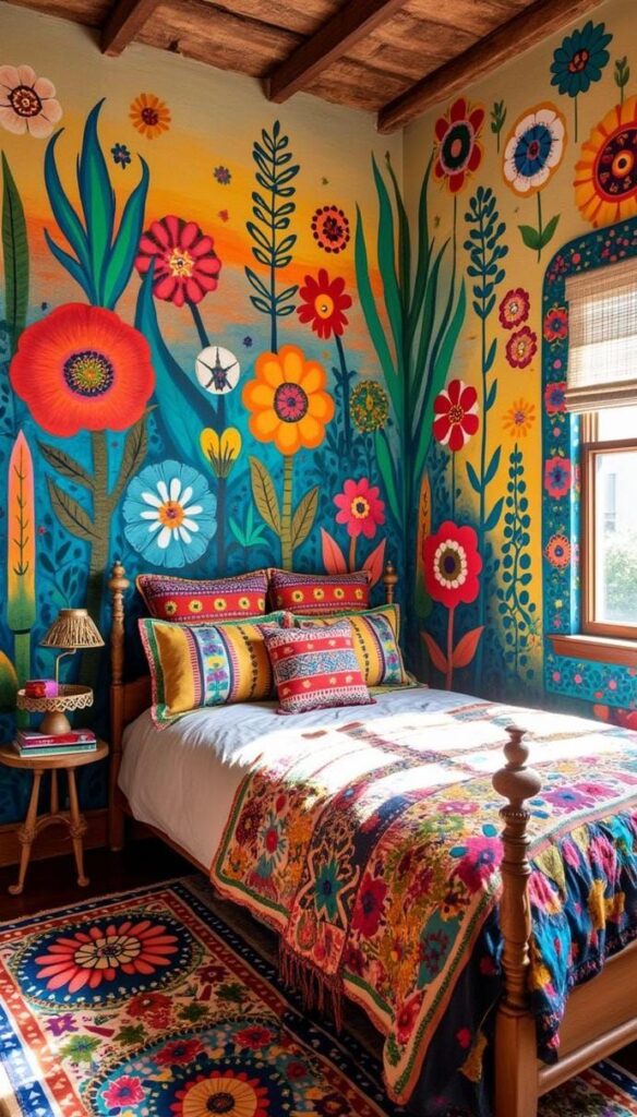Quarto com pintura de flores nas paredes, roupa de cama e tapete coloridos
