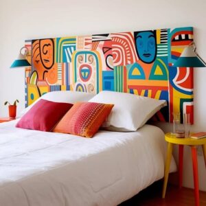 Mural artístico no lugar da cabeceira, roupa de cama branca e almofadas coloridas