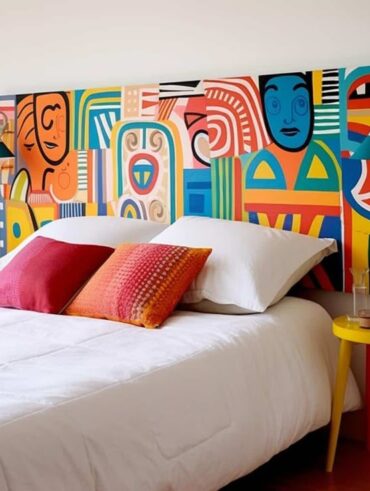 Mural artístico no lugar da cabeceira, roupa de cama branca e almofadas coloridas