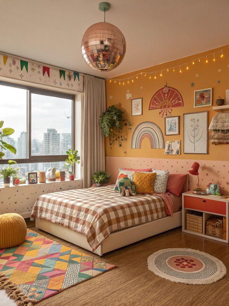 Quarto com lustre metalizado rosé, tapete colorido e cama com cabeceira pintada