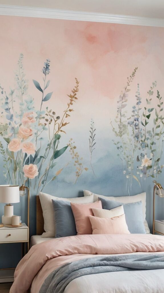 Cabeceira com mural pintado com flores em tons de azul e rosa