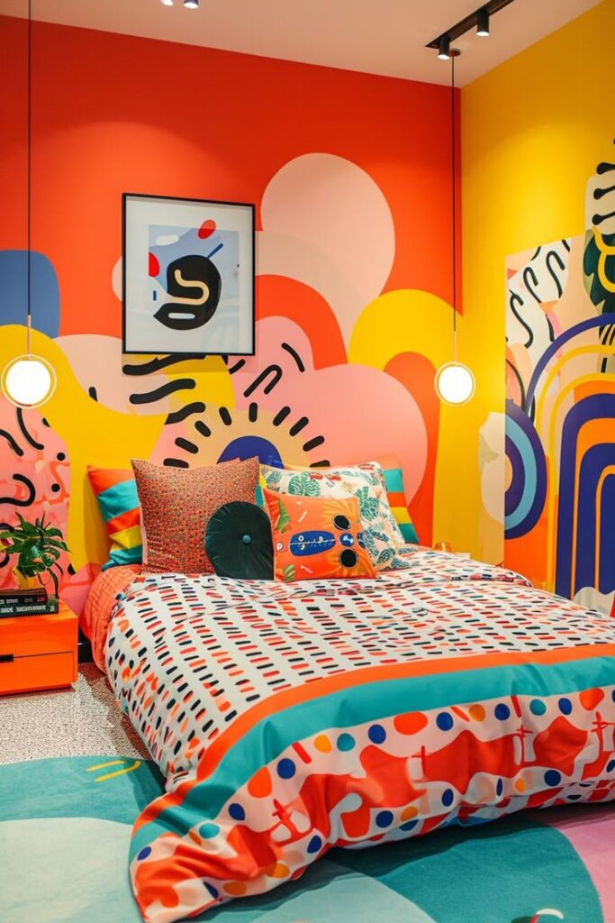 Quarto com cabeceira pintada em laranja, amarelo, rosa e preto, paredes e roupas de cama coloridas