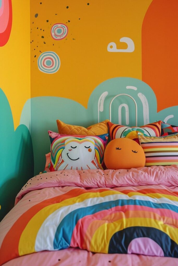 Quarto de criança com cabeceira em pintura orgânica azul, amarelo e laranja, e almofadas na cama