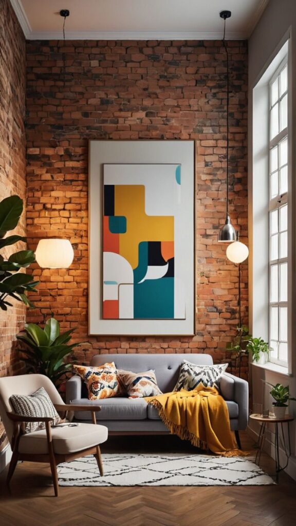 Sala de estar com sofá cinza, almofadas coloridas, poltrona de madeira com assento estofado e quadro abstrato colorido