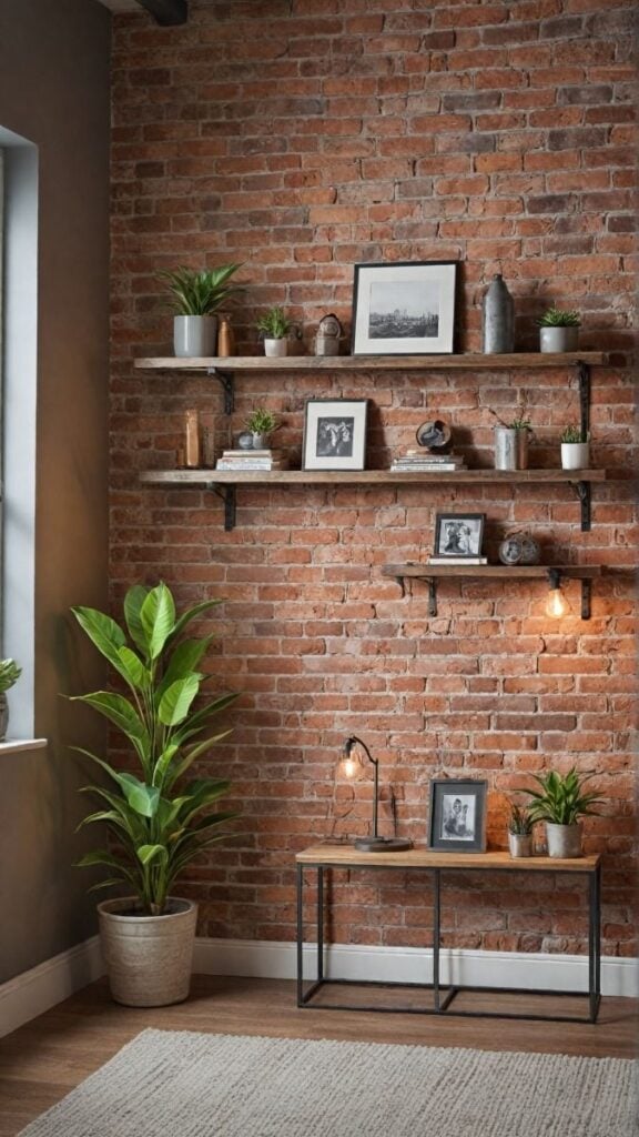 Parede de tijolinhos com prateleiras e vaso de plantas