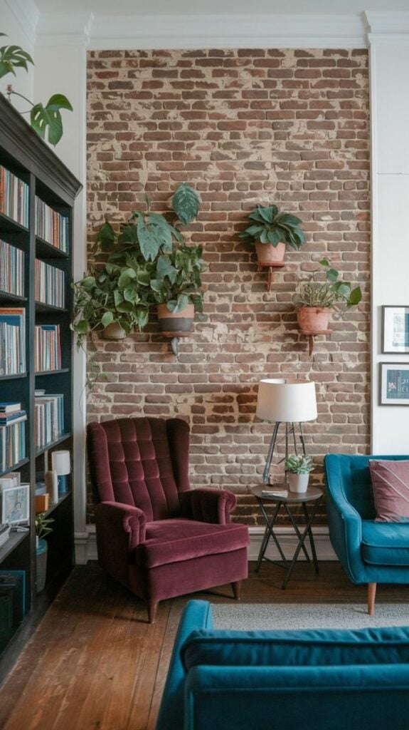 Sala com sofás azuis e bordô em veludo e estante com livros