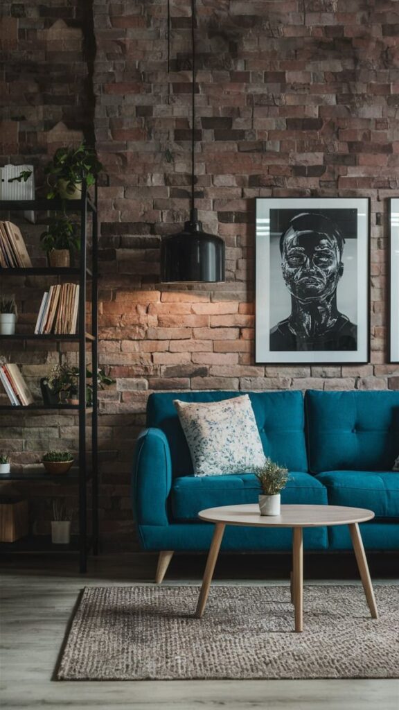 Sala com sofá azul, mesa de centro redonda, parede de tijolinhos e quadros