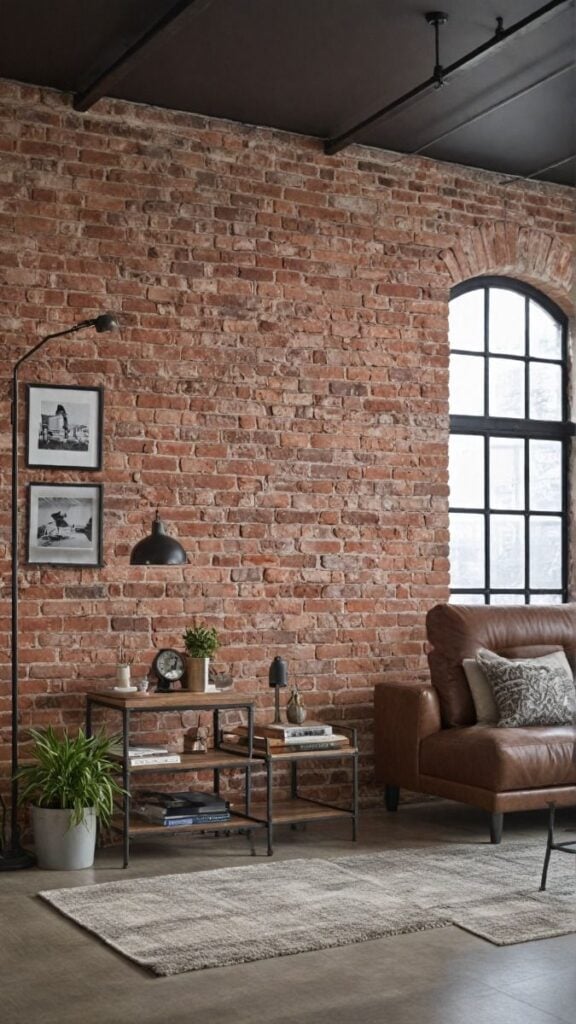 Sala com pé-direito alto, sofá de couro marrom e luminária de piso