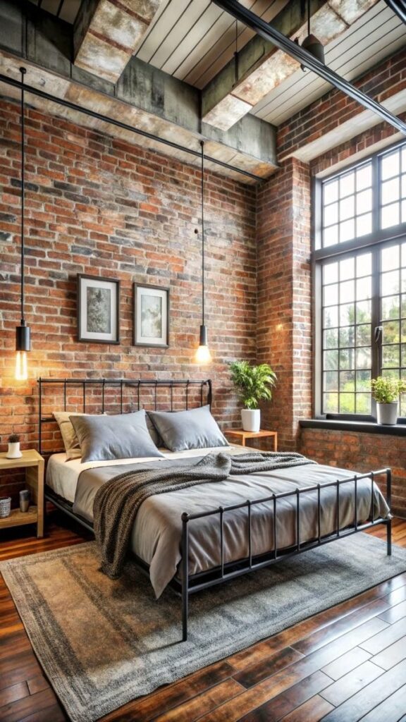 Quarto no estilo industrial com cama de ferro preta, luminárias com longos fios e tijolinhos aparentes