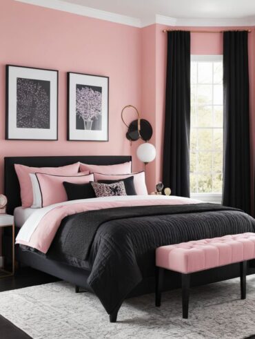 Quarto de casal com parede e roupa de cama rosa, cortina preta, e arandelas ao lado da cama