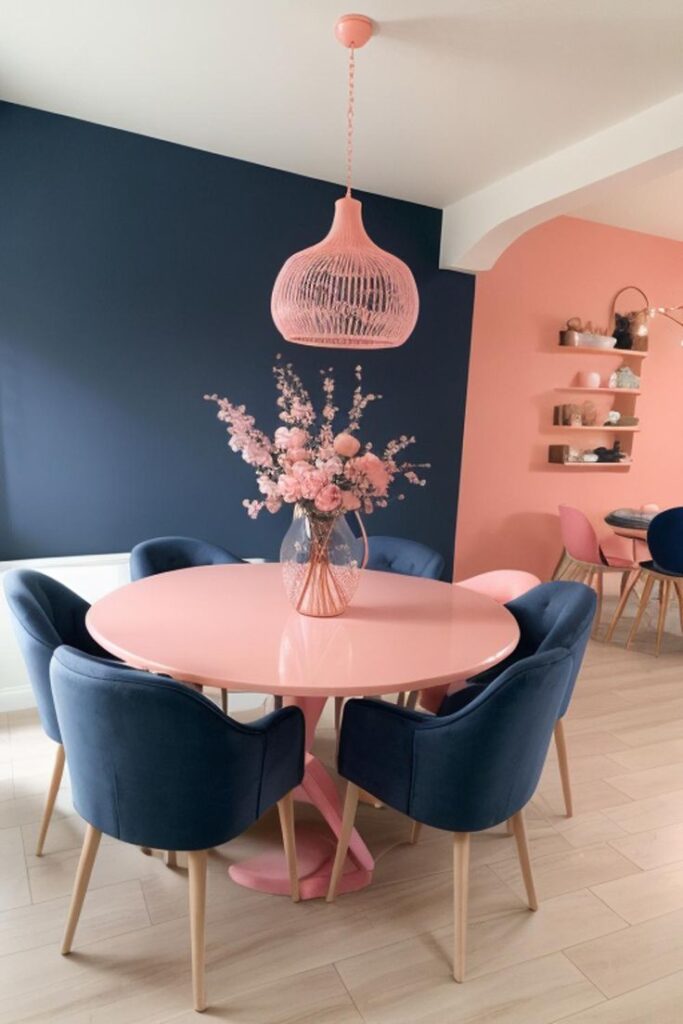 Sala de jantar com mesa e pendente rosa, parede e cadeiras azuis