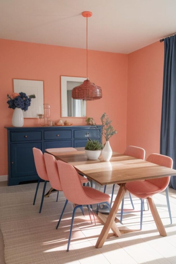 Sala de jantar com parede e cadeiras rosa-claro, e balcão em azul com gavetas e portas
