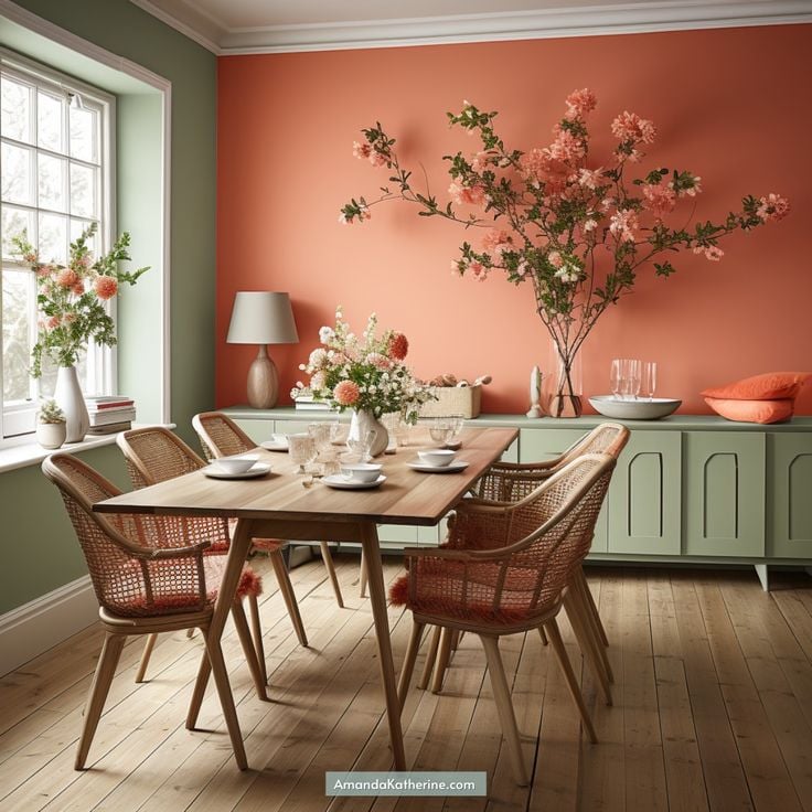 Sala de jantar com mesa de madeira, cadeiras com encosto tramado, armário verde-menta e parede rosa