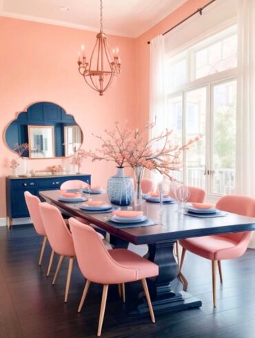 Sala de jantar em azul-marinho e rosa