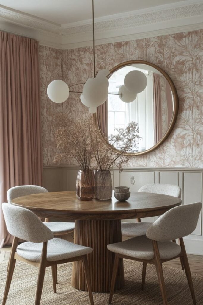 Sala de jantar com mesa de madeira redonda, cadeiras estofadas em cor neutra, pendente acima da mesa e papel de parede