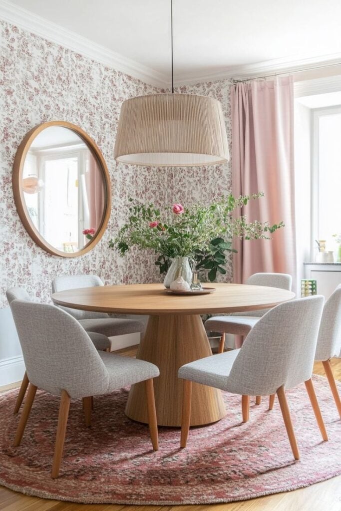 Sala de jantar com papel de parede florido, espelho redondo e grande pendente sobre a mesa