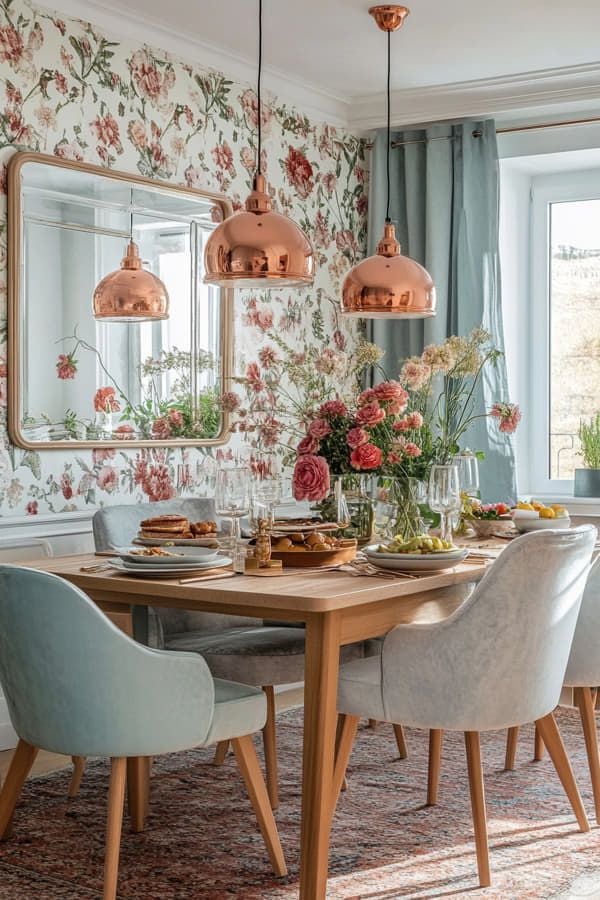 Sala de jantar com mesa de madeira, cadeiras estofadas cinza-claro, pendentes em rosé gold e papel de parede