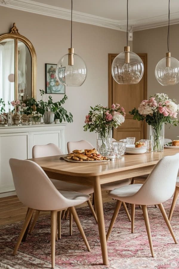 Sala de jantar com mesa de madeira retangular e pendentes em vidro