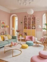 Sala de estar com sofá em tom de verde-claro, poltrona rosa, parede rosa-claro com estante e detalhes em amarelo