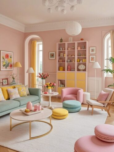 Sala de estar com sofá em tom de verde-claro, poltrona rosa, parede rosa-claro com estante e detalhes em amarelo
