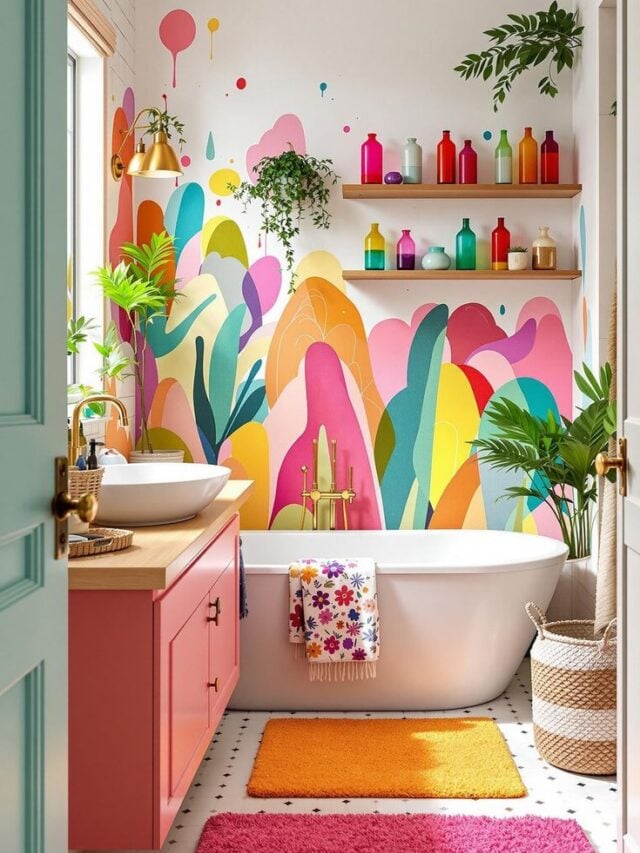 Banheiro com balcão rosa, parede com pintura colorida, banheira branca e tapetes rosa e laranja