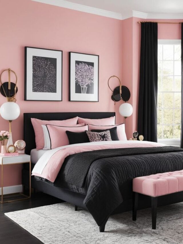 Quarto com paredes e banco rosa, cama e cortinas pretas