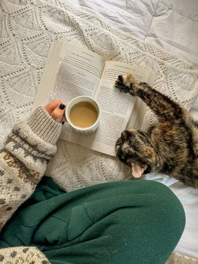Mulher sentada na cama, com livro aberto, xícara de chá e gato ao lado