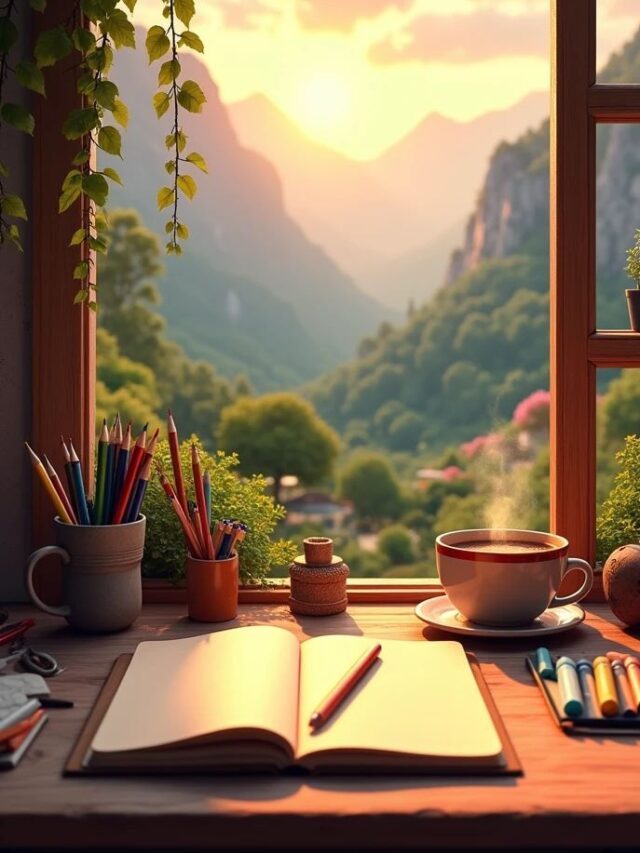 Paisagem com uma janela aberta com montanhas e pôr do sol, e uma mesa com livro, canetas e café