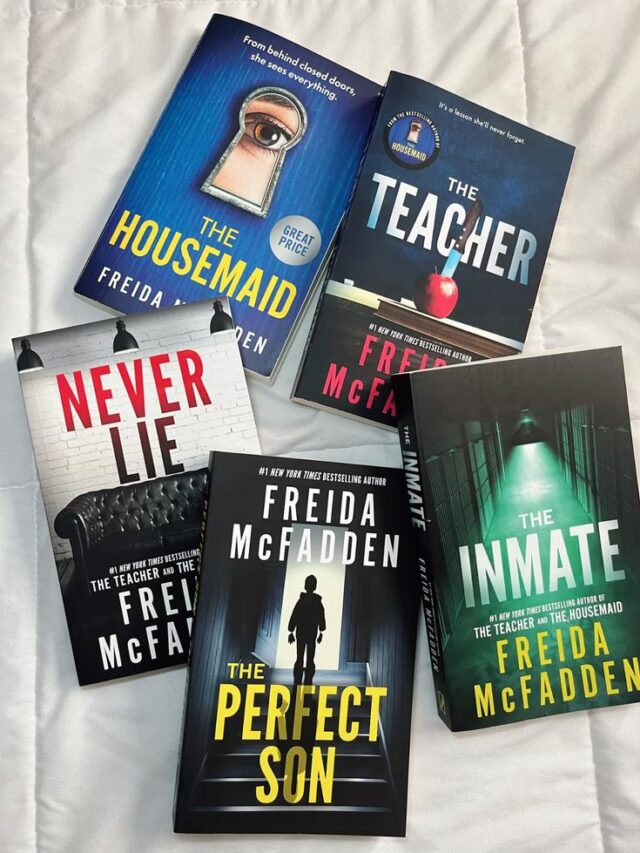 Livros da Freida McFadden, em inglês, em cima de uma cama