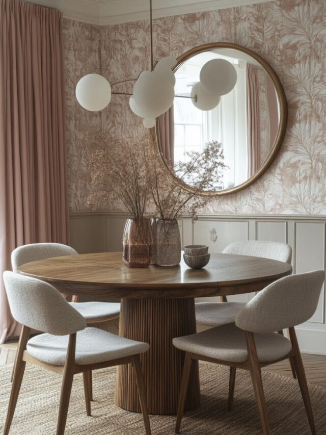 Sala de jantar com mesa de madeira redonda, cadeiras estofadas em cor neutra, pendente acima da mesa e papel de parede