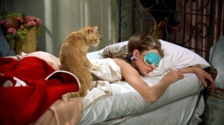Mulher jovem deitada em uma cama com máscara de descanso para os olhos. Em suas costas, está um gatinho laranja.