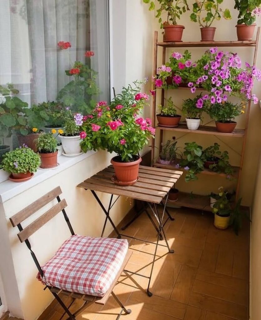 Varanda com mesinha e cadeira, e vasos de flores