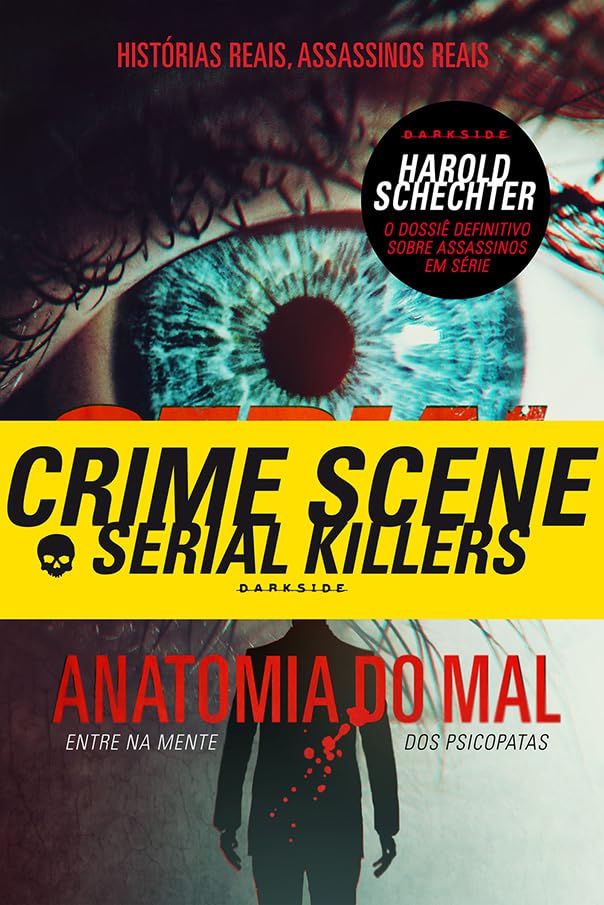 Capa de livro com um olho azul, faixa amarela e um homem em pé
